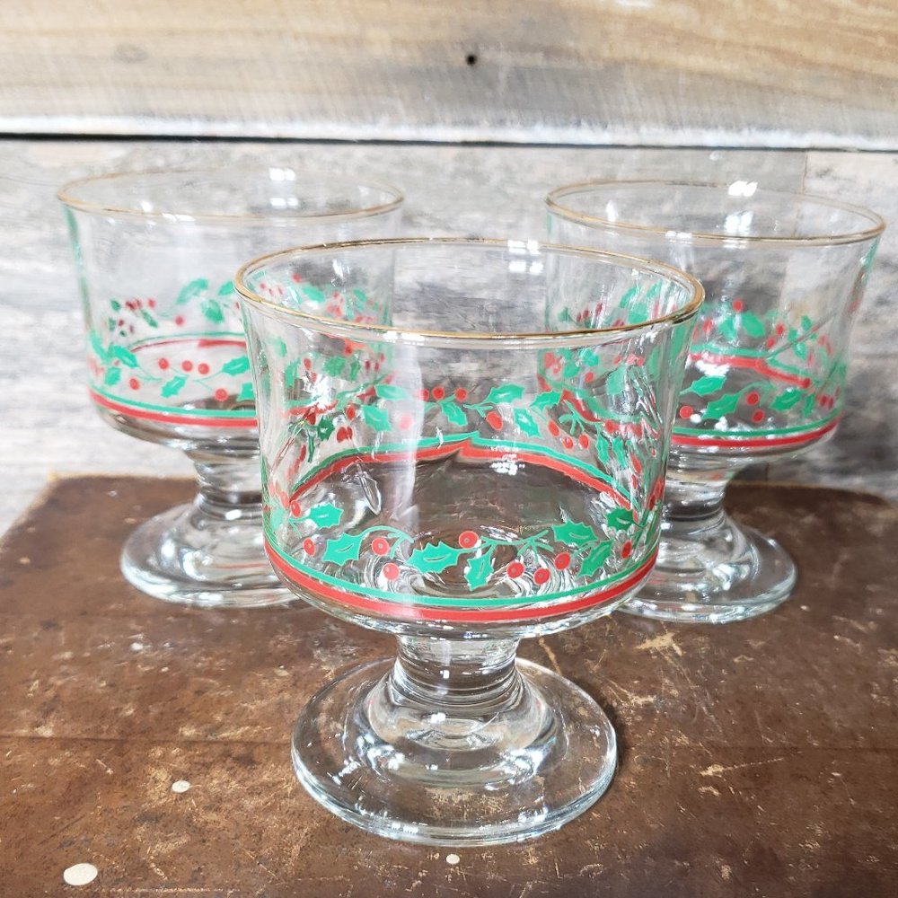 Arby "Holly Berry" Footed Sherbet/Dessert Glasses - Set of 3 - Vintage 1987